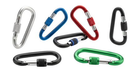 Colorful carabiner isolated on transparent background versatile and durable carabiners for climbing, camping, hiking, and securing gear, available in various colors