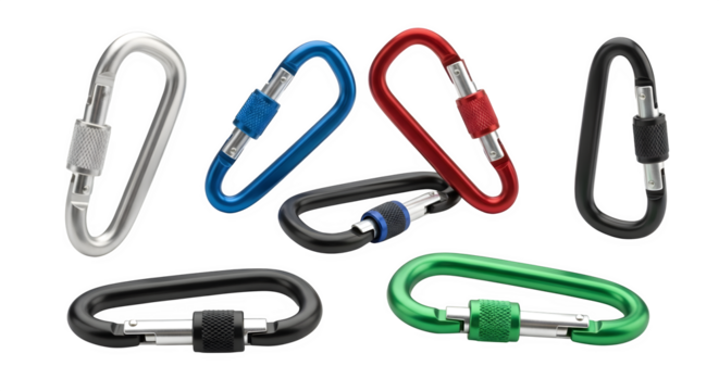 Colorful carabiner isolated on transparent background versatile and durable carabiners for climbing, camping, hiking, and securing gear, available in various colors