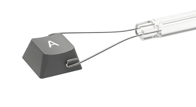 Keyboard key being removed with a key puller isolated on transparent background tool used to remove the keycap from a mechanical keyboard for cleaning