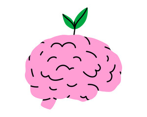 Hand drawn cute illustration of brain with plant. Flat vector mental health or wellness concept doodle. Positive attitude and motivation sticker, icon. Growth mindset sign. Isolated.