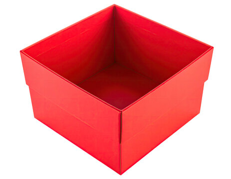 Overhead view of an empty, square-shaped, vibrant red container