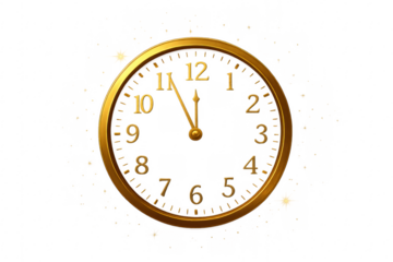 Golden clock showing midnight on transparent background