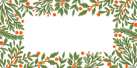 Christmas vector background with green leaves and holly berries. Vector frame for Christmas designs. © Tetiana Komarytska