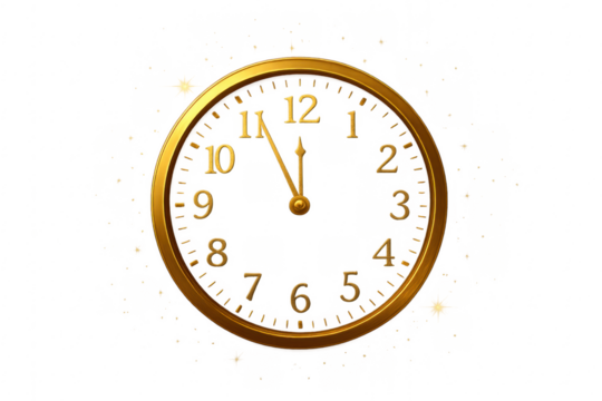 Golden clock showing midnight on transparent background