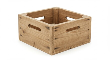 Wooden crate box with handles, square shape, rustic design, storage container.