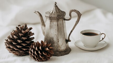 Vintage Silver Teapot with Coffee Cup and Pinecones on White Linen Background
