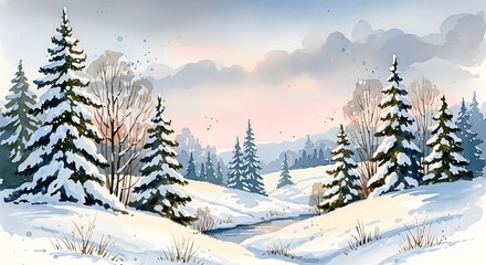 Obraz premium A watercolor painting depicting a winter landscape with snow covered trees and a stream running through it