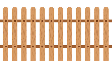 Realistic vector illustration of a picket fence with light brown wooden planks and detailed wood grain texture. Continuous border representing a garden, boundary, or home security. Isolated on white.