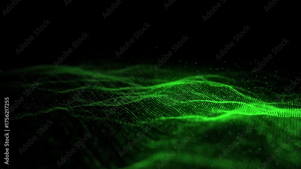 Wall mural green wave of particles and lines. big data visualization. abstract background with a dynamic wave. 