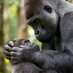 Obraz premium Photograph a silverback grooming a juvenile intense eye contact