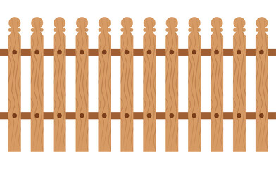Realistic vector illustration of a picket fence with light brown wooden planks and detailed wood grain texture. Continuous border representing a garden, boundary, or home security. Isolated on white.