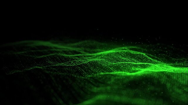 Green wave of particles and lines. Big data visualization. Abstract background with a dynamic wave. 3d rendering.