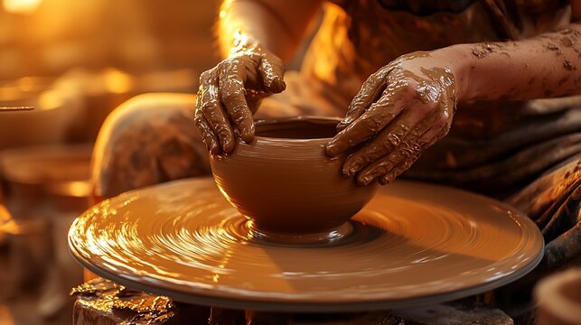 Hands shaping clay bowl on a pottery wheel.