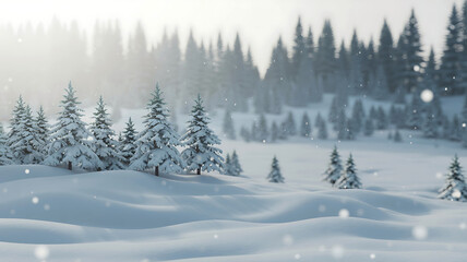 Fototapeta premium Serene winter forest landscape with snow falling gently creating a peaceful snowy scene