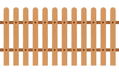 Minimalist wooden picket fence vector with light/dark brown planks, horizontal rail, and simple wood grain. Round holes, plain white background. Flat design, children's illustration style.
