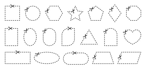 Obraz premium Scissor cut lines for coupon. Dash border for rectangle, circle, and square. Dotted frame with outline.