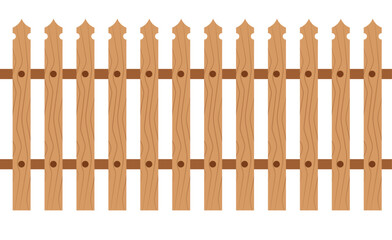 Minimalist wooden picket fence vector with light/dark brown planks, horizontal rail, and simple wood grain. Round holes, plain white background. Flat design, children's illustration style.