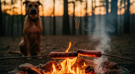 Camping adventure with grilled sausages over a campfire at sunset