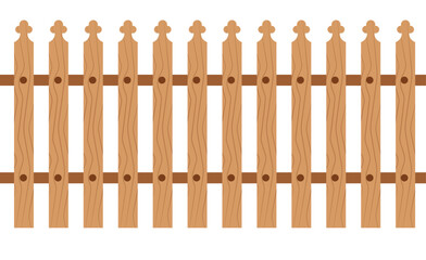 Minimalist wooden picket fence vector with light/dark brown planks, horizontal rail, and simple wood grain. Round holes, plain white background. Flat design, children's illustration style.