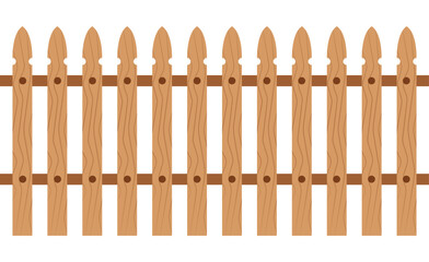 Minimalist wooden picket fence vector with light/dark brown planks, horizontal rail, and simple wood grain. Round holes, plain white background. Flat design, children's illustration style.	