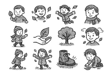 Fototapeta premium Cute autumn kids and nature sketches with leaves and trees in black and white