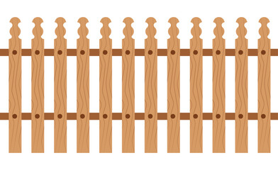 Minimalist wooden picket fence vector with light/dark brown planks, horizontal rail, and simple wood grain. Round holes, plain white background. Flat design, children's illustration style.	
