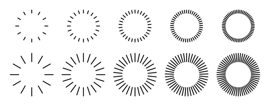 Dash line circle border. Round frame shape and rays. Rings around the perimeter with stripes.