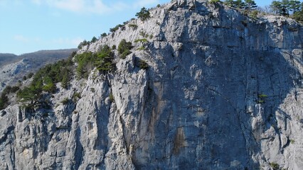 Rocky cliff face with trees against blue sky. Media