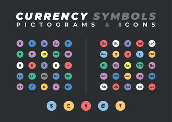 Currency Symbols Pictograms And Icons Set With Colorful Circles For Finance, Design, Education And Branding