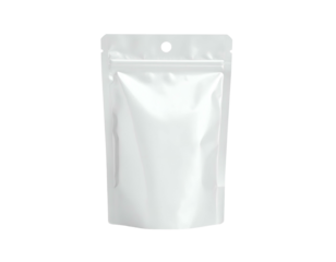A bright white, stand-up pouch with a rounded bottom and a small hang hole at the top