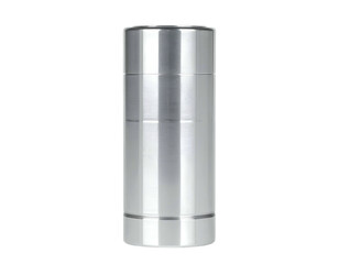 Sleek, cylindrical silver object, metallic finish, upright pose, isolated on black background