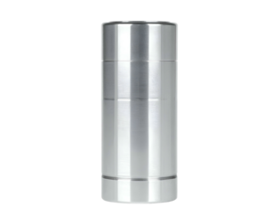 Sleek, cylindrical silver object, metallic finish, upright pose, isolated on black background
