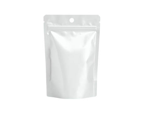 A bright white, stand-up pouch with a rounded bottom and a small hang hole at the top