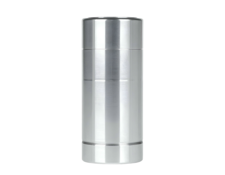 Sleek, cylindrical silver object, metallic finish, upright pose, isolated on black background