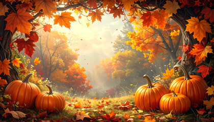 Autumn pumpkin patch with golden maple leaves, soft sunlight and warm cozy atmosphere