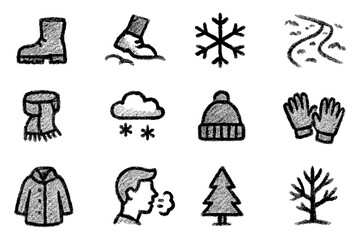 Winter doodle icons: cozy clothing, snowflakes, and nature elements in sketch style