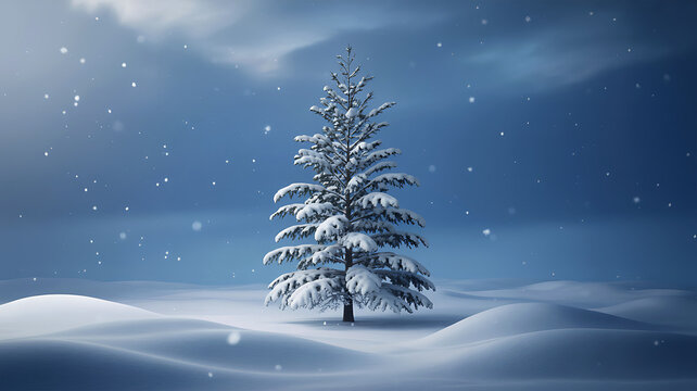 Lone snow-covered pine tree stands in a peaceful winter landscape with falling snowflakes.