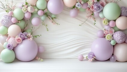 Obraz premium Pastel balloons and delicate flowers create a charming backdrop perfect for a baby shower or birthday celebration