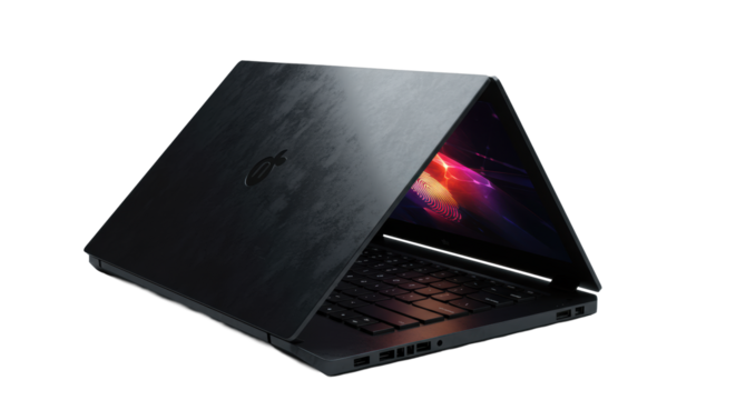 Sleek dark laptop, matte black casing, micro-textures, fingerprint-smudged screen with vibrant abstract design, tactile keys, isolated transparent background. Concept of advanced technology