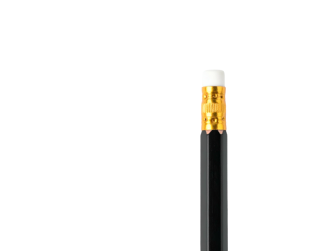 Partial close-up of a black pencil with a white eraser and brass colored band