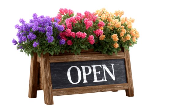 Flower Stand with Open Sign and Colorful Bouquets Isolate on Transparent Background, cutout, png