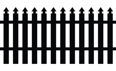 Solid black vector silhouette of a picket fence with decorative, pointed tops. Continuous border representing a boundary, barrier, or property line. Minimalist, flat graphic isolated on white.