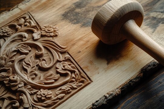 Carpenter mallet beside detailed wood carving