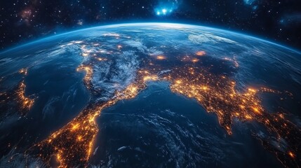 Obraz premium View of Earth from space with brightly lit cities at night - for publications on urban development, ecology, energy consumption, global trends.