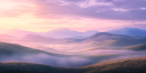 Fototapeta premium Peaceful Dawn in the Hills, Serene Morning in the Hills, Early Dawn Over the Mountains, Misty Sunrise in the Hills, Tranquil Hillside at Dawn, Foggy Hills at First Light, Golden Hour on Rolling Hills,