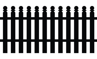  Solid black vector silhouette of a picket fence with decorative, pointed tops. Continuous border representing a boundary, barrier, or property line. Minimalist, flat graphic isolated on white.