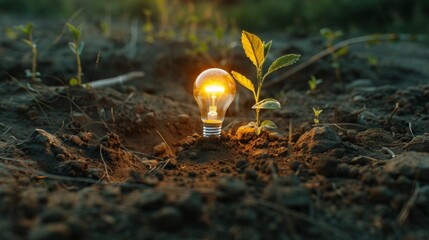 A bulb planted in the ground next to a young plant symbolises the idea of ecology and sustainable development, suitable for projects about environmental protection.