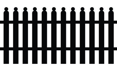  Solid black vector silhouette of a picket fence with decorative, pointed tops. Continuous border representing a boundary, barrier, or property line. Minimalist, flat graphic isolated on white.