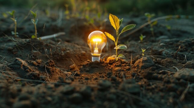 A bulb planted in the ground next to a young plant symbolises the idea of ecology and sustainable development, suitable for projects about environmental protection.