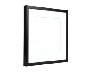 A simple, empty, square black frame with white matting, set against a dark background
